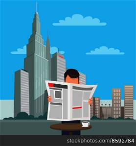 Man at table with cup of coffee reads newspaper with New York cityscape on background. State buildings, city skyscrapers, bushes and clouds in city center. Vector illustration of downtown scene.. Man with Newspaper at Table on Cityscape Background