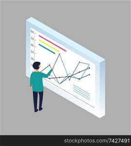 Man at the blackboard writing graphs cartoon icon vector banner. Guy making color diagram and bar charts on great board 3d model side view under angle. Man at the Blackboard Writing Graphs Cartoon Icon