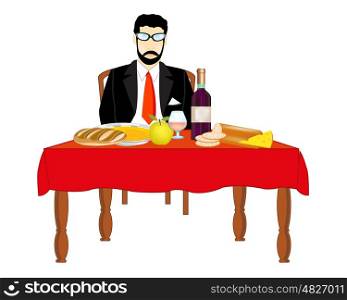 Man at the table. Man in suit and tie with meal at the table