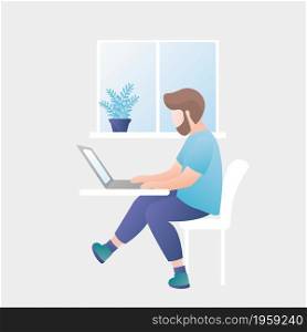 Man at work,office or home workplace,male character, freelancer or office worker,trendy vector illustration
