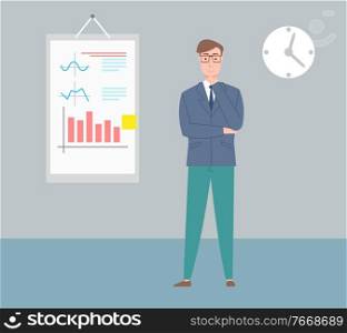 Man at workplace vector, businessman with whiteboard and information with details, office worker on seminar, serious boss in office with clock on wall. Businessman Office, Workplace Presentation of Man