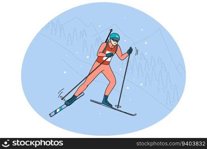 Man athlete in outerwear take part in biathlon competition in winter mountains. Sportsman ski participate in race. Sport and competition concept. Vector illustration.. Man participate in biathlon competition