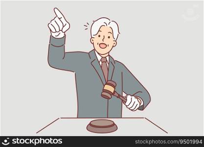 Man auctioneer holds wooden mallet and points finger at potential buyer named lowest price for item. Elderly human in business suit works as auctioneer or barker selling rare goods.. Man auctioneer holds wooden mallet and points finger at potential buyer named lowest price for item