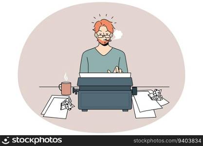 Man author typing on retro typewriter smoking cigarette. Concentrated typewriter working on vintage machine. Creative process concept. Vector illustration.. Author typing on retro typewrite machine