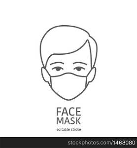 Man avatar wearing facial protective mask. Anti coronavirus or disease concept. Editable icon. Premium design.