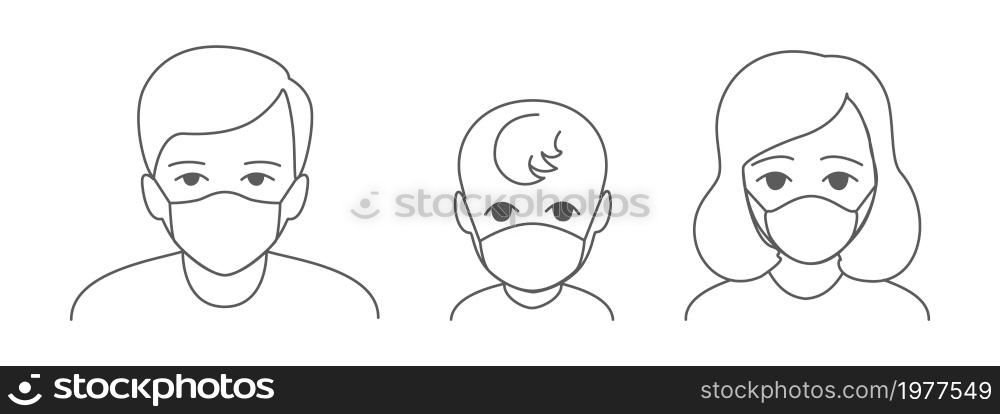 Man, baby and woman avatars wearing facial protective masks. Anti coronavirus or disease concept. Vector Editable icon set.. Man, baby and woman avatars wearing facial protective masks. Anti coronavirus or disease concept. Editable icon set.