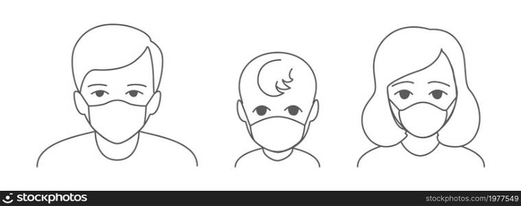 Man, baby and woman avatars wearing facial protective masks. Anti coronavirus or disease concept. Vector Editable icon set.. Man, baby and woman avatars wearing facial protective masks. Anti coronavirus or disease concept. Editable icon set.