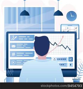 Man back view sits in front of the monitor screen. Trader or finance investor in work process. Office day concept background. Office room interior with furniture. Trendy style vector illustration