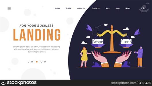 Man balancing life and work on scales. Controlling time for career and relationship or family flat vector illustration. Work and life balance concept for banner, website design or landing web page