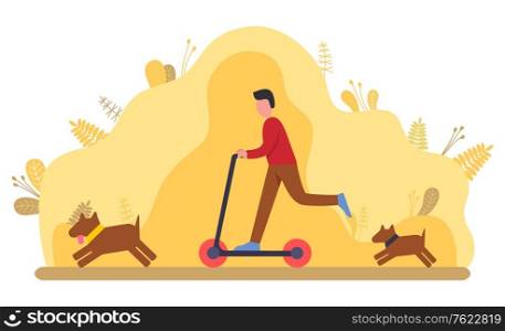 Man balancing on scooter, person walking with dog. Male on urban transport and running pet, summer activity outdoor, leisure together, accumulation vector. Person Walking with Dog, Running Outdoor Vector