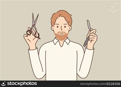 Man barber working in barbershop demonstrates blade and scissors for shaping beards and hairstyles to clients of salon. Hipster guy works in trendy barbershop invites to make new haircut . Man barber working in barbershop demonstrates blade and scissors for shaping beards and hairstyles 