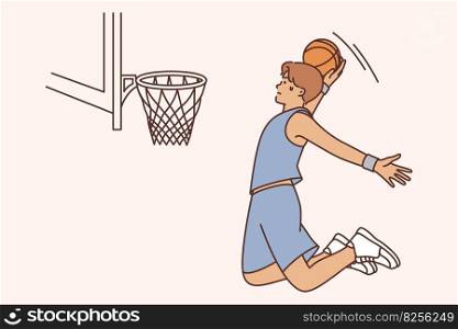 Man basketball player with ball jumps to score goal into net during match against team from college or international ch&ionship. Guy professional league basketball player doing winning jump . Man basketball player with ball jumps to score goal into net during match against team from college