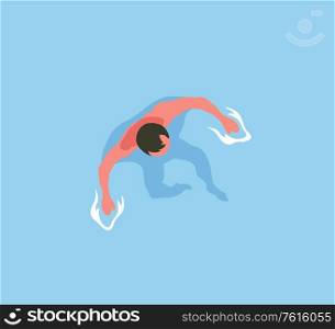 Man bathing in sea top view. Male swimming in ocean, spending time at summer resort. Person on vacation swim and sunbathing, relaxing guy in water. Man Bathing in Water Top View. Male Swimming, Sea