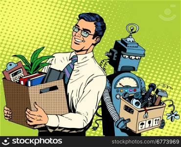 Man beats robot business concept knowledge and technology pop art retro style. Gadgets and skills. Man beats robot business concept knowledge and technology