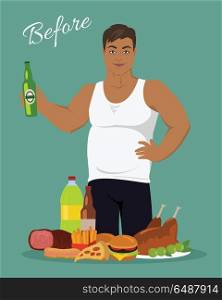Man Before Weight Loss Near the Junk Food. Man before weight loss. Fat young man near the junk food. Person with big belly prefers tasty, but unhealthy food. Part of series of promotion healthy diet and good fit. Vector illustration