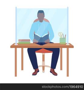 Man behind desk protector screen semi flat color vector character. Sitting figure. Full body person on white. Safety isolated modern cartoon style illustration for graphic design and animation. Man behind desk protector screen semi flat color vector character