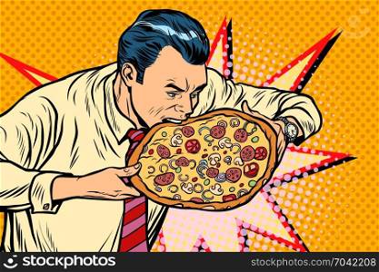 man bites pizza. Pop art retro vector illustration. man bites pizza
