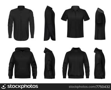 Man black clothing, shirt with long or short sleeves and hoodie, realistic vector 3d mockups. Menswear or men wear clothes templates, sport hoody sweatshirt and shirt, casual apparel front and back. Man black clothing, shirt with long, short sleeves