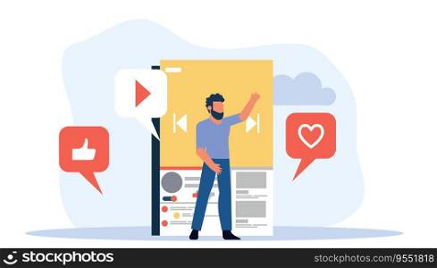 Man blogger vector illustration communication internet. Online blog on smartphone concept social mobile network. Review for like video content live streaming user. Phone vlog stream discussion speech
