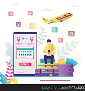 Man book tickets online via smartphone. Male character sits on luggages with gadget. Searching flights on mobile phone screen. Concept of travel, vacation and technology. Flat vector illustration. Man book tickets online via smartphone. Male character sits on luggages with gadget. Searching flights on mobile phone screen
