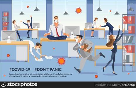 Man Boss Remains Calm in Midst Coronovirus Panic. Business Man Sitting on Table and Ceep Calp in Meditation Relax. Office Workers Stressing and Hurry up with Deadline. Fun Cartoon Characters