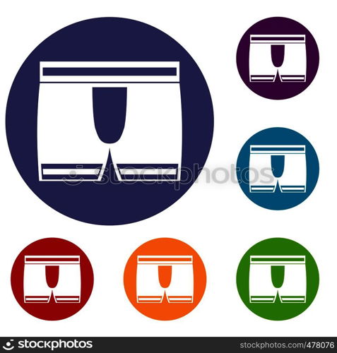 Man boxer briefs icons set in flat circle red, blue and green color for web. Man boxer briefs icons set