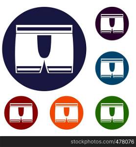 Man boxer briefs icons set in flat circle red, blue and green color for web. Man boxer briefs icons set