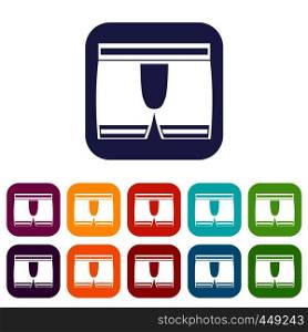 Man boxer briefs icons set vector illustration in flat style In colors red, blue, green and other. Man boxer briefs icons set flat