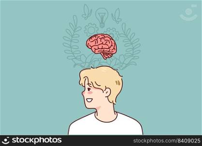 Man brainstorming generating innovative idea. Motivated inspired guy involved in creative thinking process. Intelligence and innovation. Vector illustration. . Man generate innovative idea