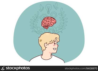 Man brainstorming generating innovative idea. Motivated inspired guy involved in creative thinking process. Intelligence and innovation. Vector illustration.. Man generate innovative idea