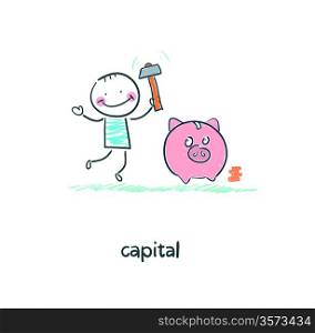 Man breaks piggy bank with a hammer. Illustration.