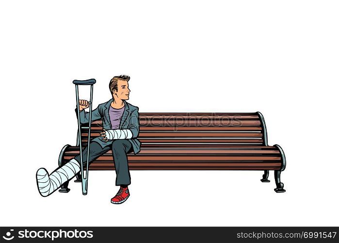 man broken leg park bench. Pop art retro vector illustration kitsch vintage. man broken leg park bench