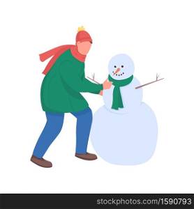 Man build snowman flat color vector faceless character. Guy play with snow. Christmas time. Festive season activity isolated cartoon illustration for web graphic design and animation. Man build snowman flat color vector faceless character