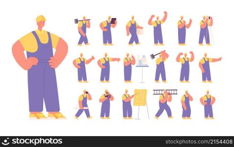 Man builder character. Industry construction worker, isolated architect. Busy man in helmet, industrial engineer working with tool vector set. Illustration of builder characters, construction worker. Man builder character. Industry construction worker, isolated architect. Busy man in helmet, industrial engineer working with tool cutter vector set