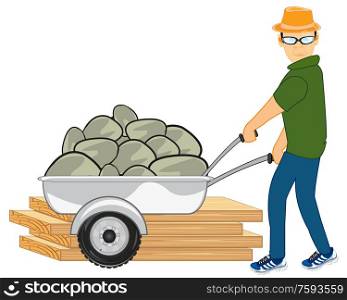 Man builder with pushcart carries stone on white background is insulated. Man on construction site carries stone in pushcart