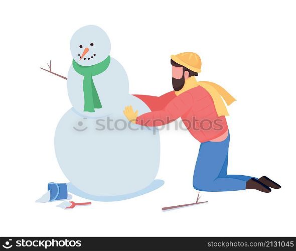 Man building snowman semi flat color vector character. Playing figure. Full body person on white. Winter activity isolated modern cartoon style illustration for graphic design and animation. Man building snowman semi flat color vector character