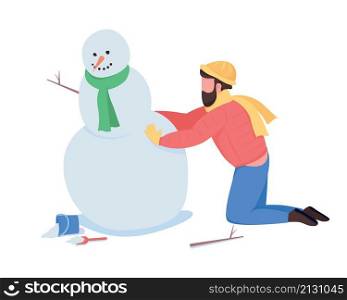 Man building snowman semi flat color vector character. Playing figure. Full body person on white. Winter activity isolated modern cartoon style illustration for graphic design and animation. Man building snowman semi flat color vector character