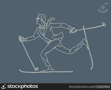 man businessman active cross country skiing, winter sports. Comic Cartoon Kitsch Vintage Hand Drawing Illustration. man businessman active cross country skiing, winter sports