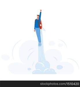 Man Businessman Fly With Jet Pack Booster Vector. Young Guy Start Flying With Booster Rocket Equipment. Character Aspiration Business Career Boost And Leadership Flat Cartoon Illustration. Man Businessman Fly With Jet Pack Booster Vector