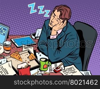Man businessman sleeping on the job pop art retro style. Hard work. Later in the meeting. Businessman at work. Man businessman sleeping on the job
