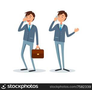 Man busy discussing issues with client on cell phone vector. People wearing formal wear, businessman talking to client, consulting and giving advice. Man Busy Discussing Issues with Client on Phone