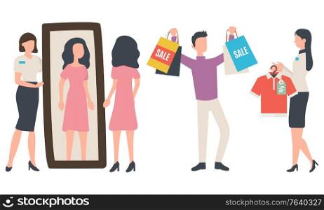 Man buying clothes, women trying dress near mirror. Sale old collection, people clothing, seller holding hanger with t-shirt with discount tag vector. Black friday sale. Seller and Buyer, People Shopping, Clothes Vector