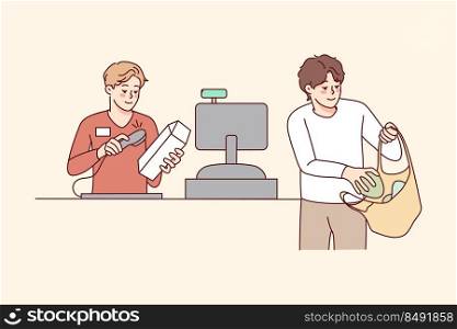 Man buying groceries in supermarket. Cashier beep sell products to male client in store. Consumerism and shopping. Vector illustration. . Man buying groceries in supermarket