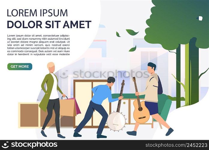 Man buying guitar. Shopping, guitar, case, tree. Marketing concept. Vector illustration for poster, presentation, new project