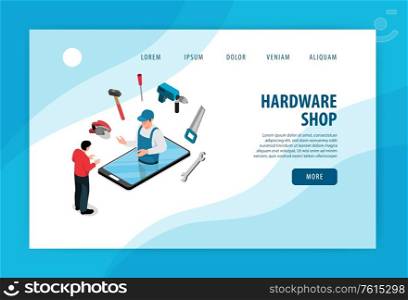 Man buying tools at online hardware shop 3d isometric banner vector illustration