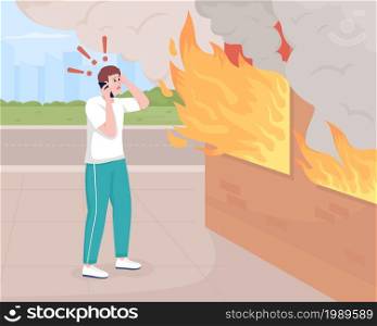 Man calling fireman flat color vector illustration. Burning building. House in flames and smoke. Pinicking person talking on phone 2D cartoon character with urban street on background. Man calling fireman flat color vector illustration