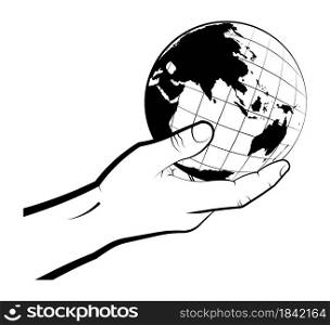 man carefully holds the globe in his hand. Choosing a destination for travel. Global view of the world. Isolated vector on white background