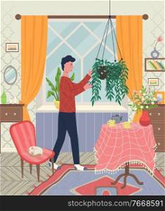 Man caring for plants vector, room interior with tables and vase, armchair and drawers. Curtains on window, kitten sleeping on chair flat style decor. Man at Home, Living Room with Plants and Kitten