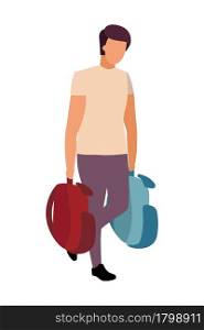 Man carries backpacks semi flat color vector character. Walking figure. Full body person on white. Primary school teacher isolated modern cartoon style illustration for graphic design and animation. Man carries backpacks semi flat color vector character