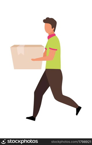 Man carries cardboard box semi flat color vector character. Walking figure. Full body person on white. Hand delivery isolated modern cartoon style illustration for graphic design and animation. Man carries cardboard box semi flat color vector character